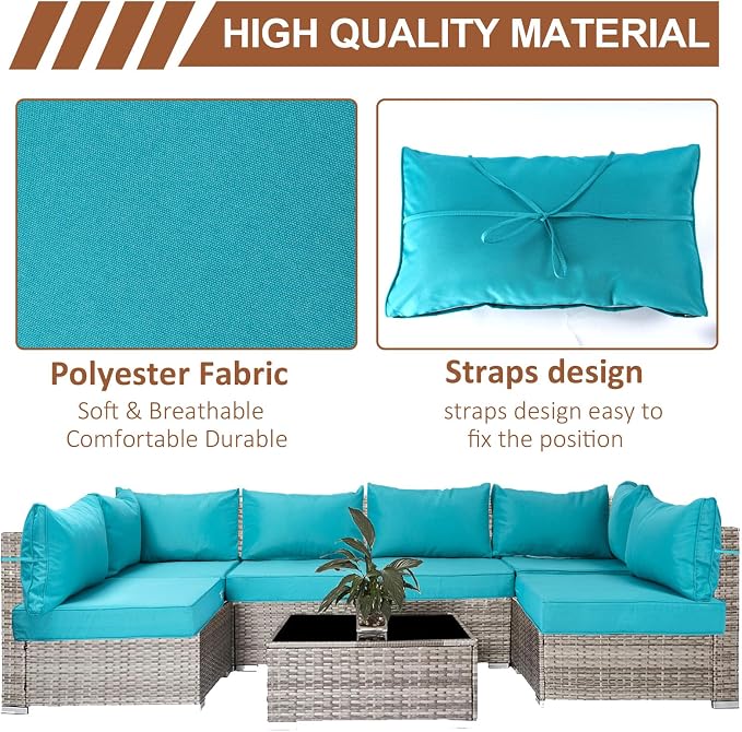 14 Piece Outdoor Patio Cushion Covers Replacement, Waterproof Outdoor Furniture Cushion Covers, Fit 7 Pcs 6 Seater Wicker Rattan Patio Conversation Sofa Set,Lake Blue,25.6x25.6