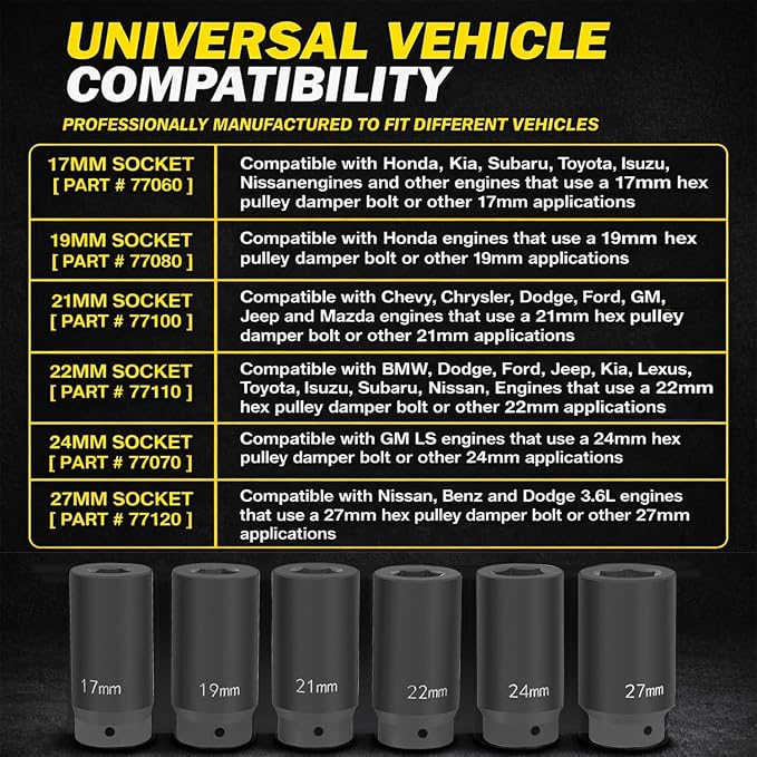 1/2’’ Drive Weighted Crank Bolt Socket Set, 17MM, 19MM, 21MM, 22MM, 24MM, 27MM, Harmonic Balancer Socket Set, Weighted Metric Deep Impack Socket Kit, 3 Times Momentum Power of Standard Impact Socket