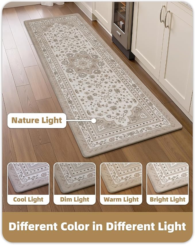 Color&Geometry Anti Fatigue Kitchen Mats for Floor 2 Piece 24"x59"+24"x87", Vintage Kitchen Rug Set, Waterproof & Oil Proof, 0.4" Thick Cushioned, Non-Slip Wide Runner for Sink, Laundry,Beige