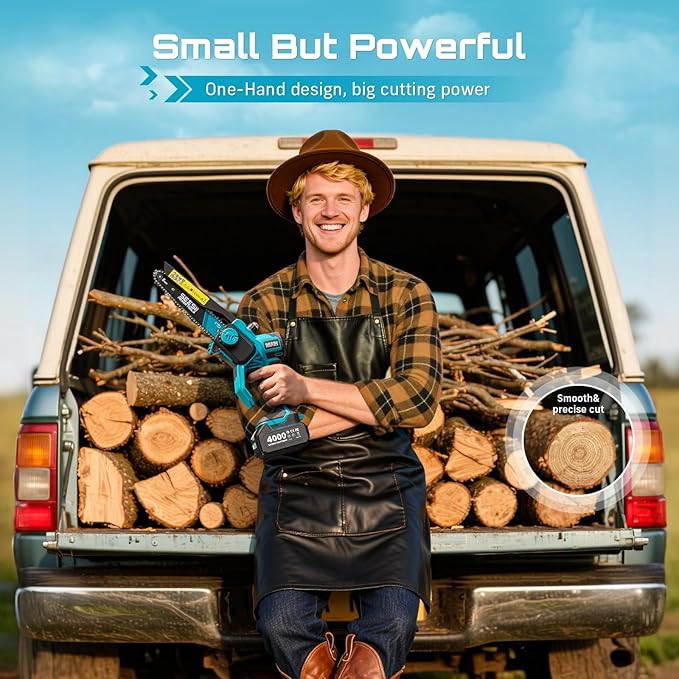 SEESII Flagship 8-Inch Cordless Mini Chainsaw, 2026 Upgraded Brushless Motor, Electric Chainsaw with 2×4000mAh Batteries, Tool-Free Chain Tension & Oiler, Handheld Saw for Fast Tree Branch Cutting