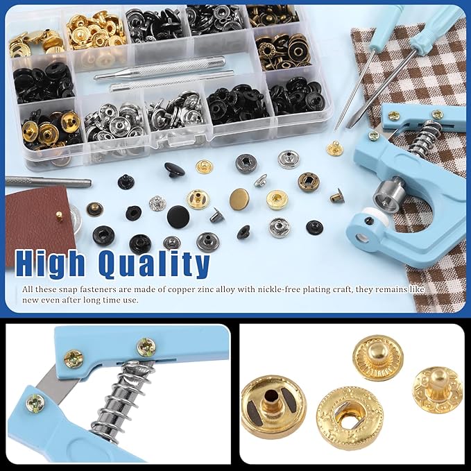 Glarks 90 Sets Leather Snap Fasteners Kit With Pliers, 12.5mm 6 Colors Buttons Press Studs, 8Pcs Setting Tools, Grease Pencils, Tweezers, Tape Measure for DIY Leather Craft