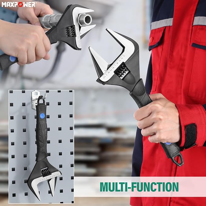 MAXPOWER 12-inch Wide Jaw Adjustable Wrench, 2.4" Jaw Opening, Cr-V Steel | Stubby Plumbing Wrench, Soft Grips, Smooth Jaws