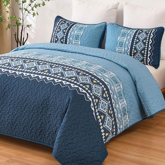 WONGS BEDDING Blue Quilt Set Queen,Boho 3 Pieces Bedspread Coverlet Set with Geometry Printed for All Season,Lightweight Morden Bohemian Bedding Set 96"×90"