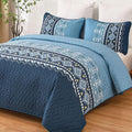WONGS BEDDING Blue Quilt Set Queen,Boho 3 Pieces Bedspread Coverlet Set with Geometry Printed for All Season,Lightweight Morden Bohemian Bedding Set 96"×90"