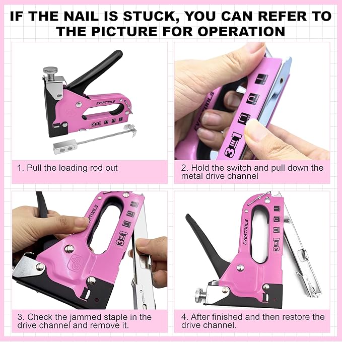 3-in-1 Pink Staple Gun, Manual Upholstery Staple Gun with 600 Staples for Crafts, Fabric, Furniture Repair, Wood & DIY