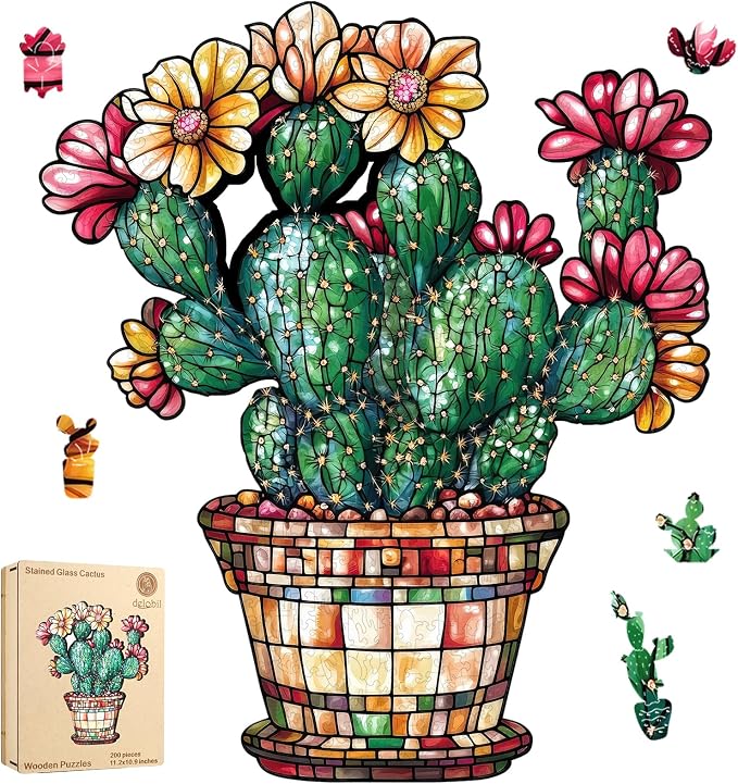 Delobil Stained Glass Cactus Wooden Puzzles for Adults, 200 Pieces Jigsaw Puzzles, Unique Shaped Medium Size Wood Puzzle Gift for Adults and Kids, Family Game 11.3'' x 13.2''