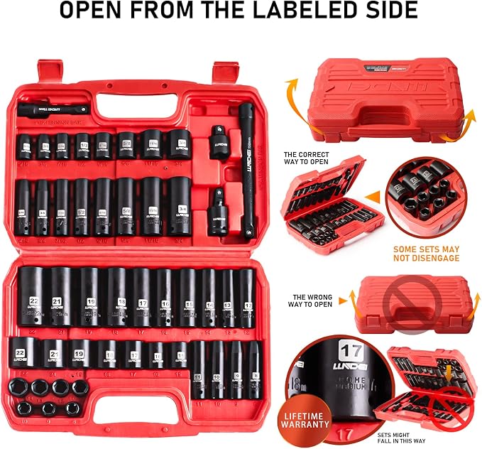 3/8" Drive 48Pc Impact Socket Set SAE/Metric Fits Various Wrenches | SAE and Metric (5/16"- 3/4", 8-22mm), Extension Bar (3-in, 6-in), 1/2"F to 3/8"M Reducer Universal Joint