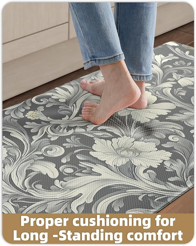Color&Geometry Floral Kitchen Mat 24"x87", Anti Fatigue Kitchen Mats for Floor, Kitchen Rugs Non Slip, Waterproof & Oil Proof Padded Runner for Standing Desk Office, Sink - Grey