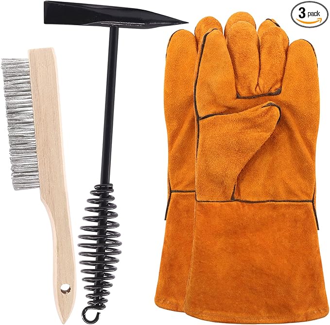 Hilitchi 3Pcs Welding Slag Removal Tool Set, Welding Chipping Hammer with Coil Spring Handle, Wire Brush Wire Scratch Brush for Cleaning Rust and Welding Protective Gloves