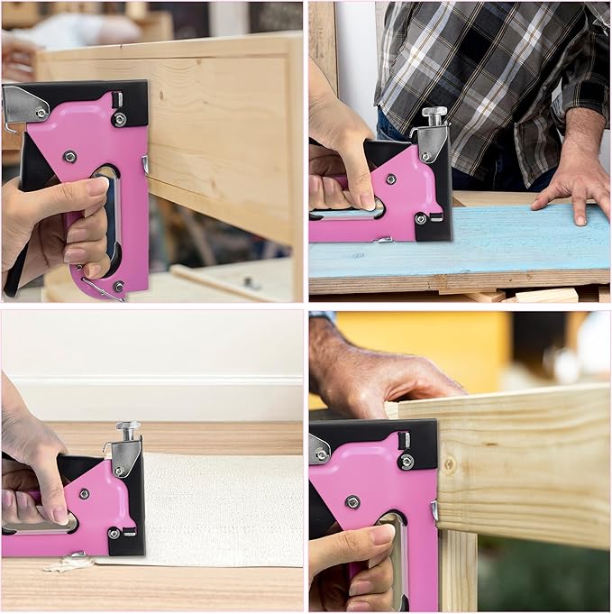 3-in-1 Pink Staple Gun, Manual Upholstery Staple Gun with 600 Staples for Crafts, Fabric, Furniture Repair, Wood & DIY