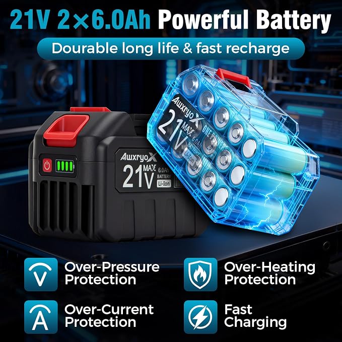 AwxryoX Cordless Jigsaw, 21V Power Electric Jig Saw with 2×6.0Ah Battery,4 Orbital Settings Jigsaw Saw Tool with 12 Blades ±45° Bevel Cuts,3000 RPM,Caladora Eléctrica for Straight/Curve/Circle Cutting