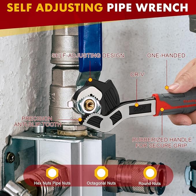 Multifunctional Self locking Wrench, Self Adjusting Pipe Wrench, 8 Inch Plumbers Wrench for (9-25mm) 3/8”-1”Nuts, Irregular Nuts, Pipes Use, Chrome Vanadium Alloy Steel (8 In)