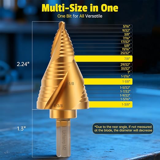 Lichamp Unibit Step Drill Bit for Metal, Genuine HSS M2 Drill Stepper Bit for Hard Metal Heavy Duty, 19 Sizes from 3/16" to 1-3/8", Spiral Grooved with Hex Drive, C2GD