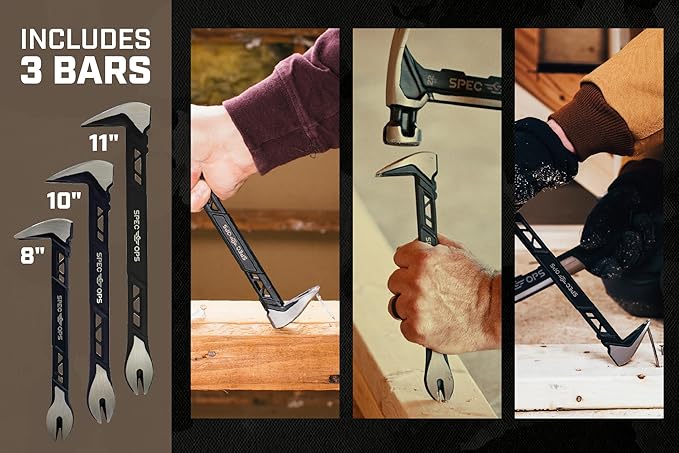 Spec Ops Tools Nail Puller Cats Paw Pry Bar, High-Carbon Steel, for Woodworking & Remodeling, 8, 10 & 11 Inch Combo Pack
