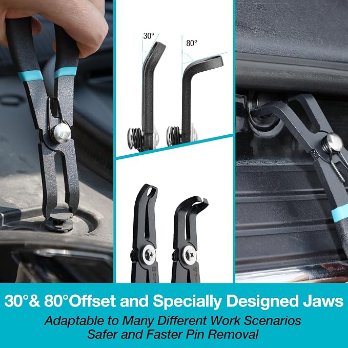 DURATECH 2-Piece Push Pin Pliers Set with 30 Degree and 80 Degree Offset Jaws, Spring Loaded and Plastic Spraying, Auto Clip Removal Tool Kit for Easily Removing Trim Plastic Fasteners, Rivets, Clips