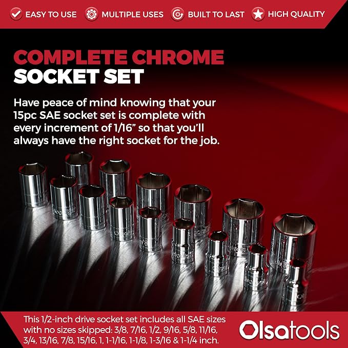 Olsa Tools 1/2-Inch Drive SAE Deep Socket Set - 18pc | 6-Point Chrome Vanadium Sockets, 3/8" to 1-1/4", No Skipped Sizes - Professional-Grade SAE Socket Sets - Part: 1324