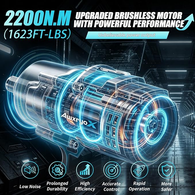 AwxryoX 21V Cordless Impact Wrench,1623Ft-lbs(2200N.m) High Torque Brushless Impact Gun with 2×6.0Ah Battery,3/4" 4 Speed Electric Pistola De Impacto with 1/2 Adapter for Truck/Mower/Car/Industrial