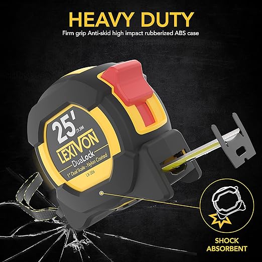 LEXIVON [3-Pack] 25Ft/7.5m DuaLock Tape Measure | 1-Inch Wide Blade with Nylon Coating, Matte Finish White & Yellow Dual Sided Rule Print | Ft/Inch/Fractions/Metric (LX-206X3)