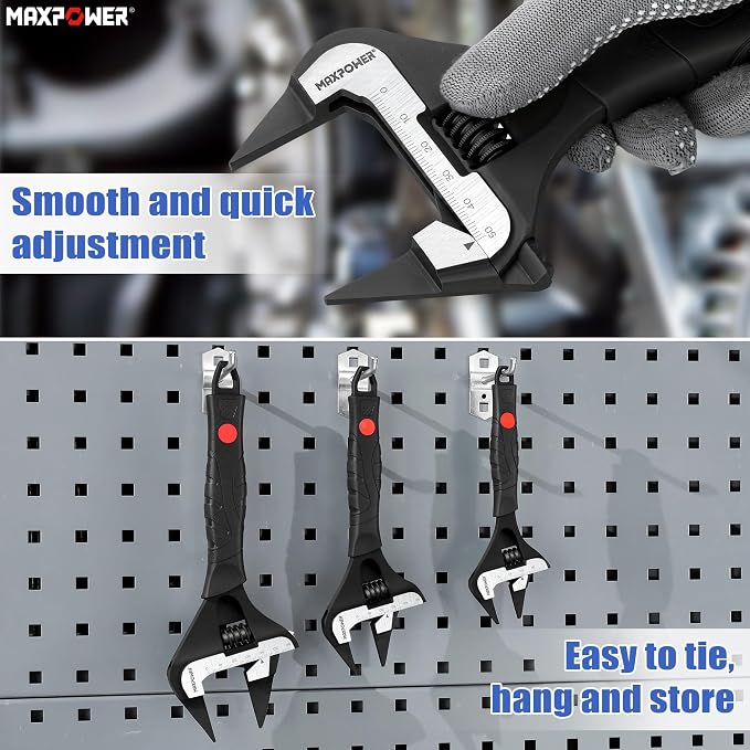 MAXPOWER Slim Jaw Adjustable Wrench Set, 8" 10" 12" Wide Jaw Opening Adjustable Wrench, Dual Scale with Metric and SAE, Deep Jaw with Soft Grip Handle, Jaw Capacity 36mm 50mm 60mm