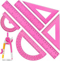 Zonon 1 Set Plastic Geometry Math Set 7 Pcs Includes 6'' / 4 '' Protractor, Drawing Compass, 45/60 Degree Triangle Rulers, 12'' / 6'' Math Ruler Transparent for Office Supplies(Pink)