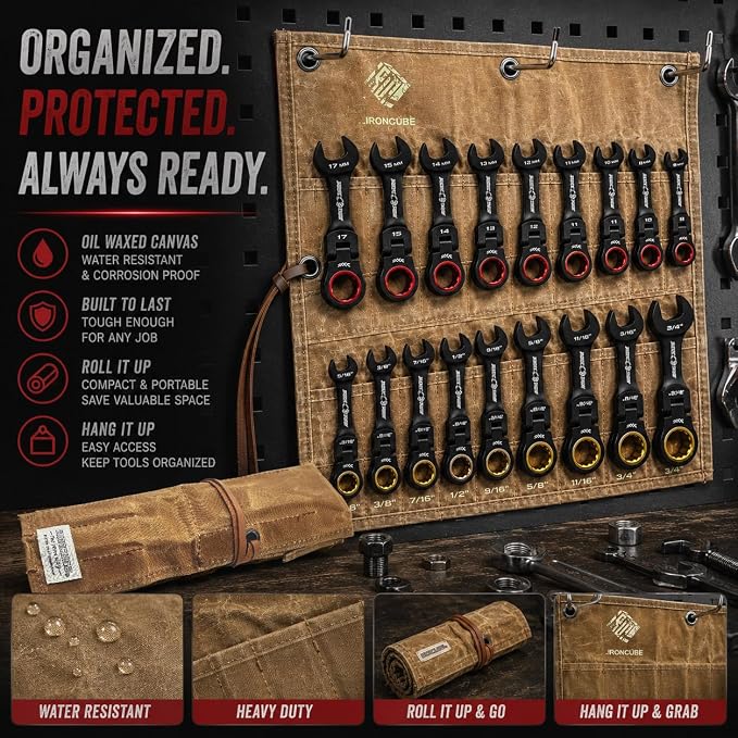 16PCS Stubby Flex Head Ratcheting Wrench Set, SAE & Metric Combination Wrenches, 72-Tooth Short Handle Ratchet Spanner Set for Tight Spaces, Auto Repair & Garage Maintenance, 8-17mm & 5/16"-3/4"