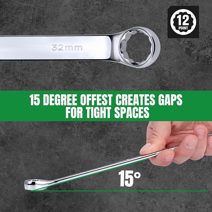 SK Combination Wrench Set, Metric 6 to 32mm, SAE 1/4" to 1-1/4", 42-Piece | SuperKrome Finish, Drop Forged Premium CR-V Steel, 12-Point Wrenches, 15-Degree Offset, with Rolling Pouch