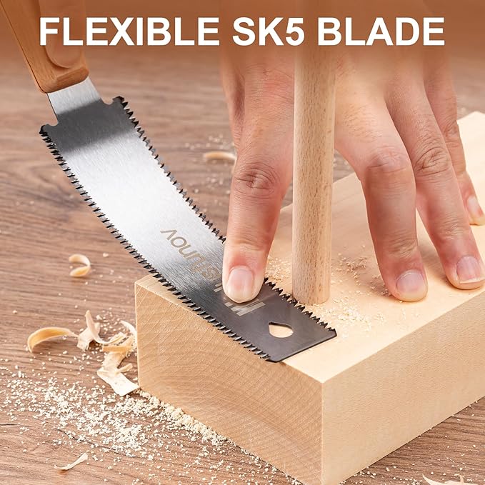 Husfunov Japanese Hand Saw, 6 Inch Pull Saw with Double Edges of 11/17 TPI, SK5 Flexible Blade Handle Wood Saws for Woodworking Tools
