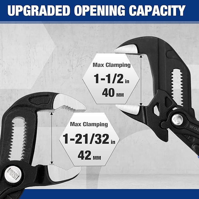 WORKPRO 2 PCS 7-Inch Pliers Wrench & Groove Joint Pliers Set, Quick Adjust | CR-V Steel, Smooth Jaw & V-Jaw, Upgraded Wide Opening, Soft Grip - for Plumbing, Pipe Fittings, Household Repairs