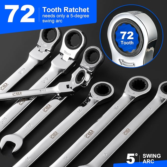 Prostormer 20-Piece Ratcheting Combination Wrench Set | 10Pcs SAE Flex-Head 1/4" to 3/4" & 10Pcs Metric Fixed Head 6-18mm, 72-Tooth, Cr-V Steel, Organizer Pouch