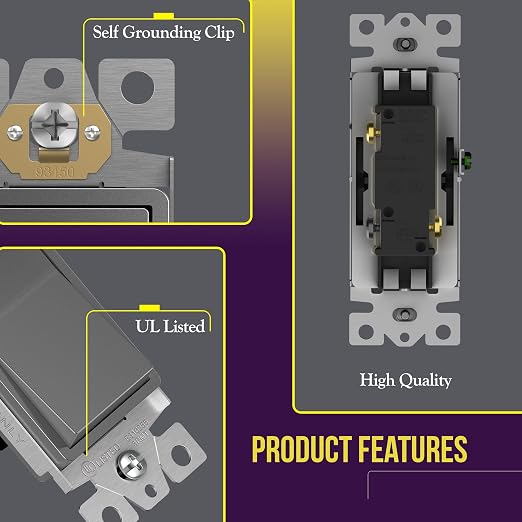 ENERLITES Elite Series Decorator Switch, Paddle Rocker Light Switch, 3-Way or Single Pole, 3 Wire, Grounding Screw, Residential Grade, 15A 120V, UL listed, 93150-SG, Space Gray