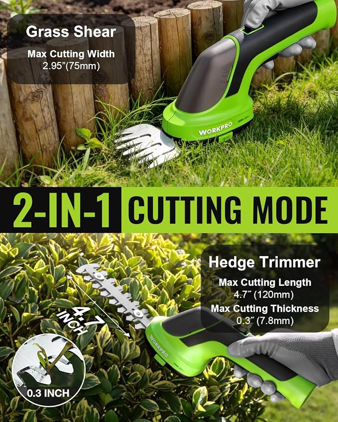 WORKPRO 3.6V Hedge Trimmer Cordless, 2-in-1 Electric Hedge Trimmer & Grass Cutter with 4.0Ah Removable Battery & Type-C Cable, Lightweight Bush Trimmer for Lawn & Garden