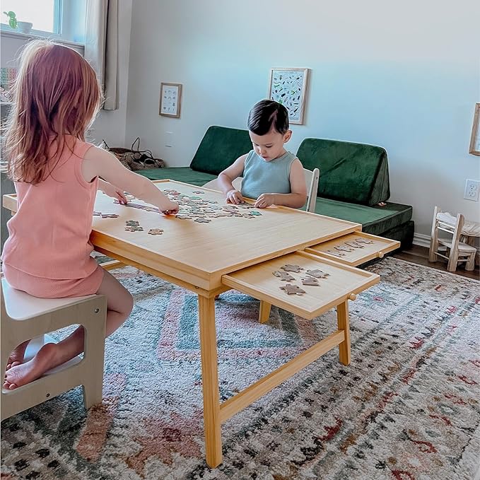 TEAKMAMA 1500Pcs Jigsaw Puzzle Table with 4 Drawers for Adults,Natural | Wooden Jigsaw Foldable Puzzle Board with legs,with Protective Cover,Multifunctional Game Table,34W x 26.3D
