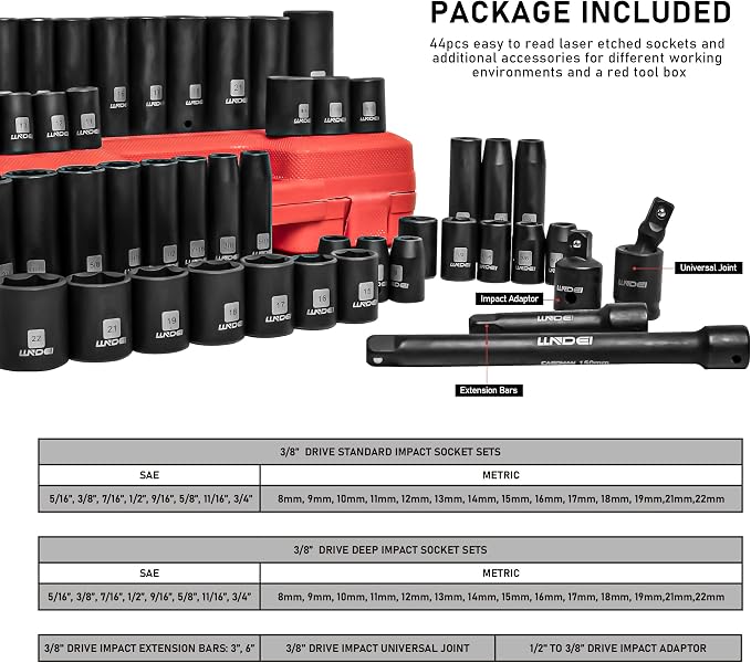 3/8" Drive 48Pc Impact Socket Set SAE/Metric Fits Various Wrenches | SAE and Metric (5/16"- 3/4", 8-22mm), Extension Bar (3-in, 6-in), 1/2"F to 3/8"M Reducer Universal Joint