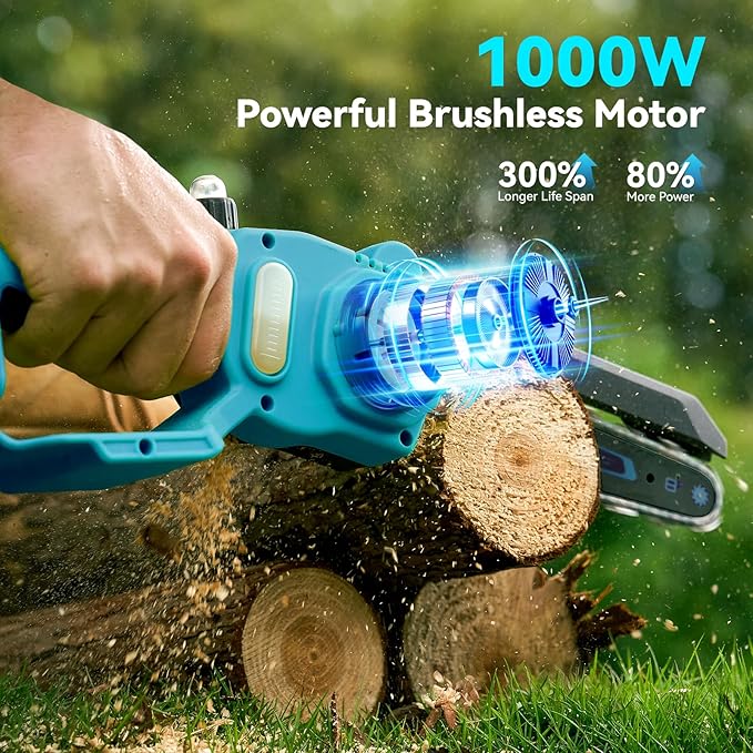 Mini Chainsaw Cordless, 8 Inch & 6 Inch Electric Chainsaw Battery Powered, 1000W Brushless Handheld Power Chain Saw with 2 Batteries, Small Tree Saw for Branch Trimming Wood Cutting