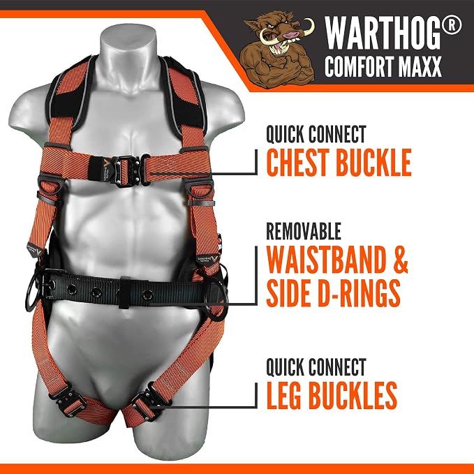 Warthog Comfort MAXX - Safety Harness for Construction – Fall Protection Equipment with Removable Belt and Lumbar Support, Side D-Rings, and Padding, OSHA & ANSI Compliant (3XL)