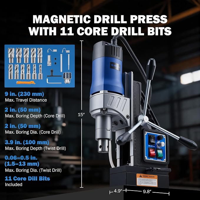 ZELCAN Mag Drill Press with 11 Core Drill Bits, 1550W Magnetic Drill with 2" Boring Dia Reverse Drilling, 2922lbf Portable Electric Magnet Drill with Stepless Speed for Metal Surface Industrial Home