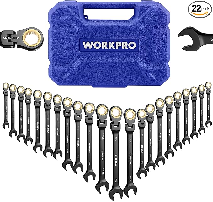 WORKPRO 22-piece Ratcheting Wrench Set with 180° Flex Head, Anti-Slip Tooth, Combination Wrench Sets with Organizer Box, Metric 6-18mm & SAE 1/4-3/4", Black Electrophoretic Coating