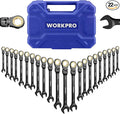 WORKPRO 22-piece Ratcheting Wrench Set with 180° Flex Head, Anti-Slip Tooth, Combination Wrench Sets with Organizer Box, Metric 6-18mm & SAE 1/4-3/4", Black Electrophoretic Coating