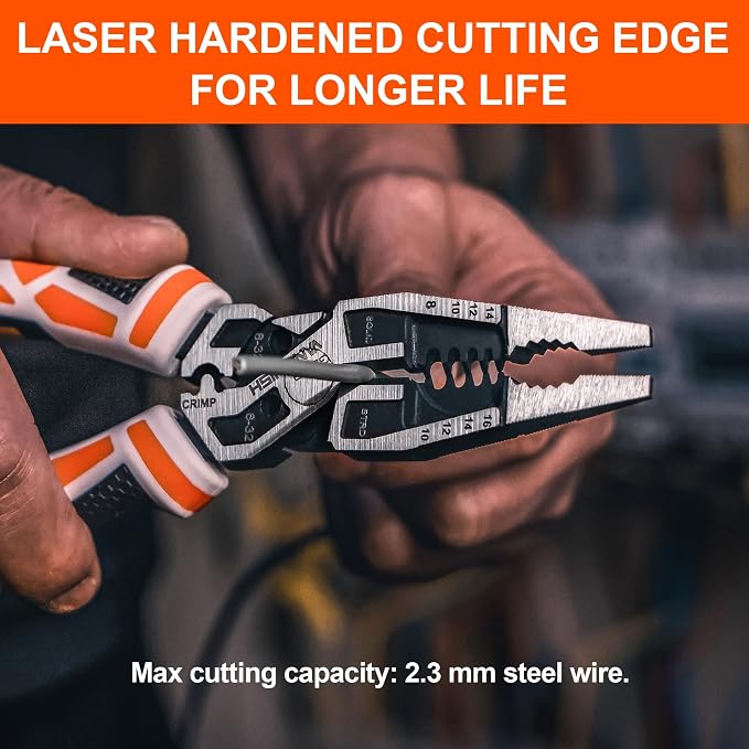 VANQUISH 10-in-1 Long Nose Pliers, 8‘’ Multipurpose Combination Pliers Wire Cutter/Crimper/Stripper, CRV Steel, Heavy Duty Side-Cutting Pliers for Crimping, Stripping, Shearing, Deburring, 3239