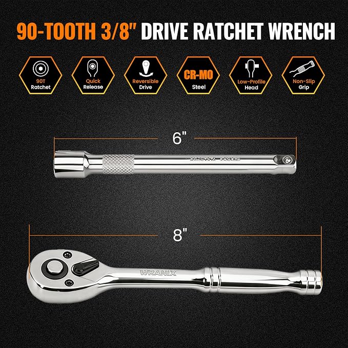 3/8“ Drive 90-Tooth Ratchet Wrench with Extension Bar | Socket Wrench, Reversible Design, Quick-Release, Cr-Mo Head, Cr-V Made, 4° Swing Arc, Full Polished