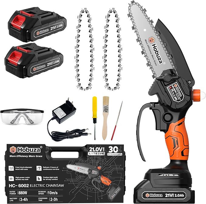 HOBUZA 6 Inch Brushless Mini Chainsaw, Lightweight One-Hand Saw for Pruning | 880W Brushless, Lightweight 1-Handed & Women-Friendly, 2x2.0Ah Batteries 4-6H Runtime, Auto Oiler, Safety Lock for Tree Work