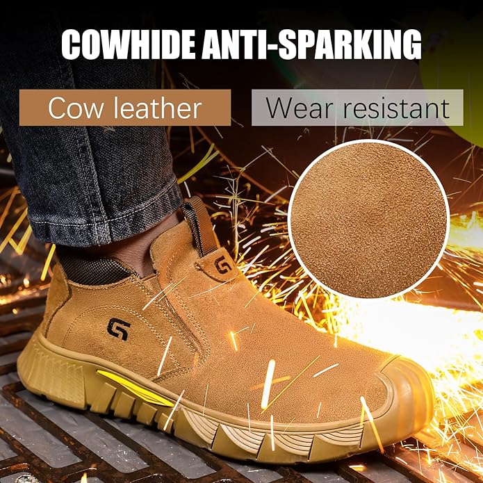 GLANOUDUN Welding Work Boots for Men Slip on Steel Toe Shoes for Men Indestructible Steel Toe Boots Welder Men's Working Shoes Fireproof Safety Footwear for Construction Men's Work & Safety Footwear
