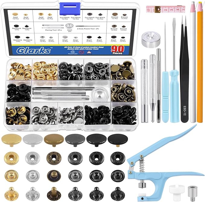 Glarks 90 Sets Leather Snap Fasteners Kit With Pliers, 12.5mm 6 Colors Buttons Press Studs, 8Pcs Setting Tools, Grease Pencils, Tweezers, Tape Measure for DIY Leather Craft