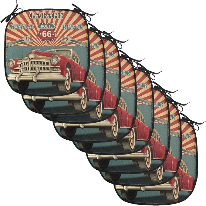 Lunarable Americana Chair Cushion Pads Set of 8, Vintage Garage Artwork with a Nostalgic Car Illustration Retro Vibes Route 66 Print, Anti-Slip Seat Padding for Kitchen & Patio, 16"x16", Teal