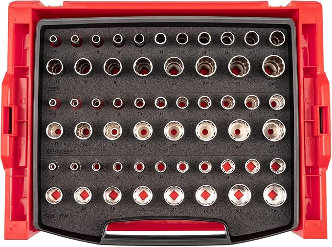 TEKTON 3/8 Inch Drive 12-Point Socket Set, 57-Piece | SHD91702 | (6 - 24 mm), Shallow, Semi-Deep, and Deep, Stacking Organizer, Custom Foam