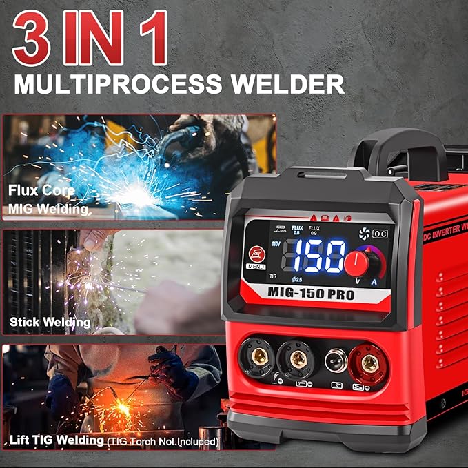 GNI Multiprocess Welder, MIG/TIG/Stick Welding Machine, IGBT Inverter Portable MINI Welder Machine 110V, Beginner-Friendly MIG Welder with Auto-Darkening Goggles, 150A Flux Core Welder for Home DIY