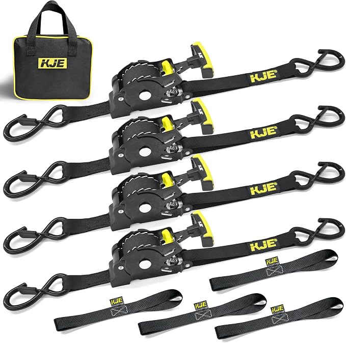 KJE Retractable Ratchet Straps, (4)1"x10' Automatic Straps + (4)Soft Loops | 1,500lb Break Strength, Self Retracting Design, S-Hook with Clip, T Handle, For Motorcycle, Kayak, ATVs, Trailer Tie Downs