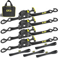 KJE Retractable Ratchet Straps, (4)1"x10' Automatic Straps + (4)Soft Loops | 1,500lb Break Strength, Self Retracting Design, S-Hook with Clip, T Handle, For Motorcycle, Kayak, ATVs, Trailer Tie Downs