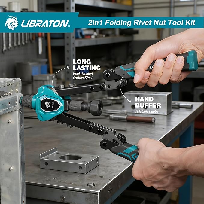 LIBRATON 2in1 Rivet Nut Tool and Rivet Gun Kit Folding, with 11 Mandrels (Metric & SAE) & 5 Nose Pieces (2.4-6.4mm), Includes 100 Nuts & 200 Pop Rivets, Folding Heavy Duty Hand Tool for DIY & Repair
