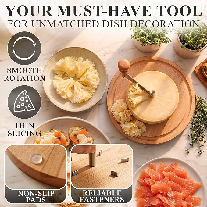 Flower Cheese Cutter for Making Rose-Shaped Cuts - Manual Rotating Cheese Shaver Tool with Stainless Steel Blade, Non-Slip Wood Base, Fasteners, Compatible with 16-18 cm Tête De Moine Cheese Wheel